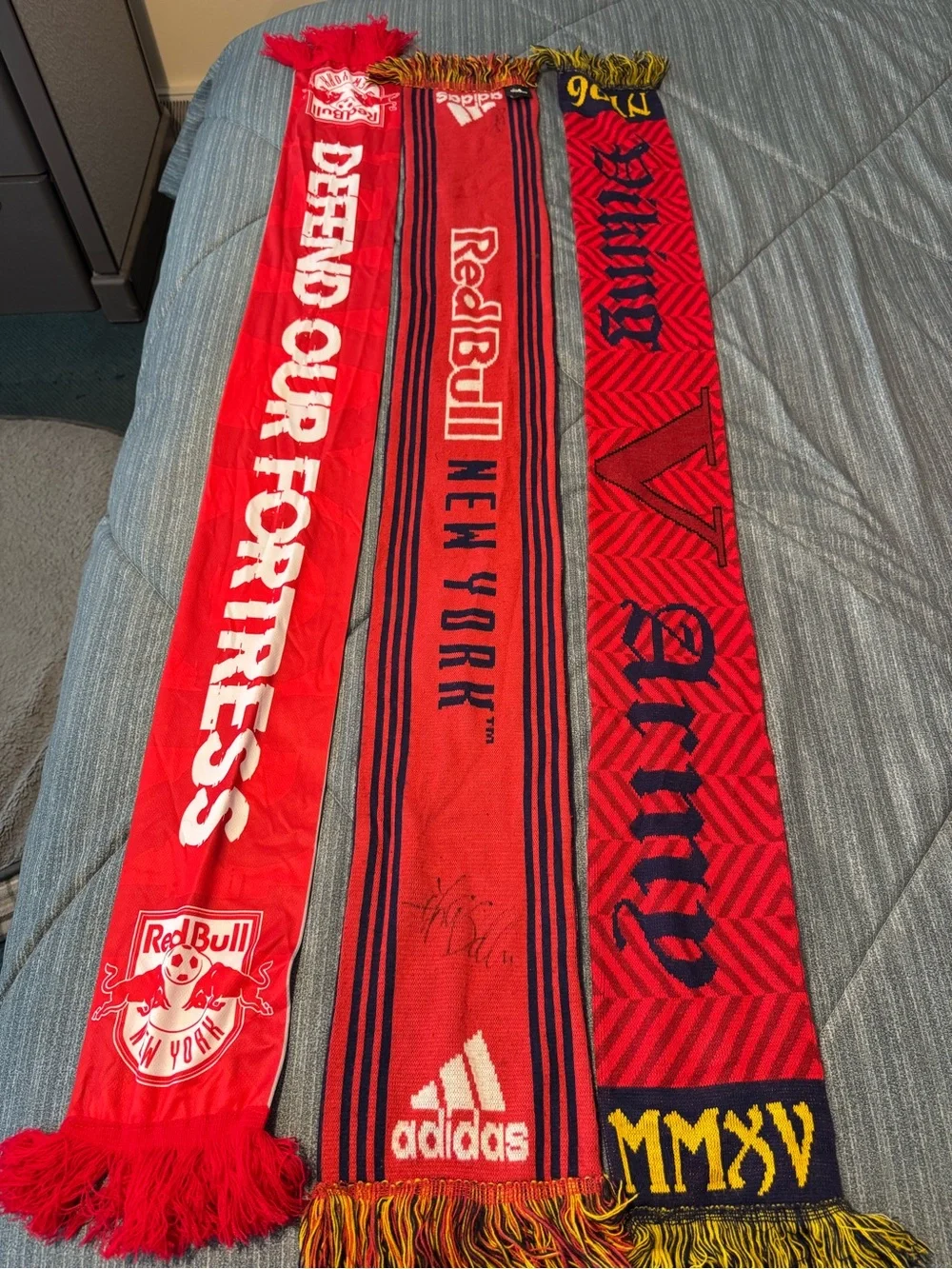 Adidas 2 Red and Navy Knit Sports Scarfs and 1 lighter weight one